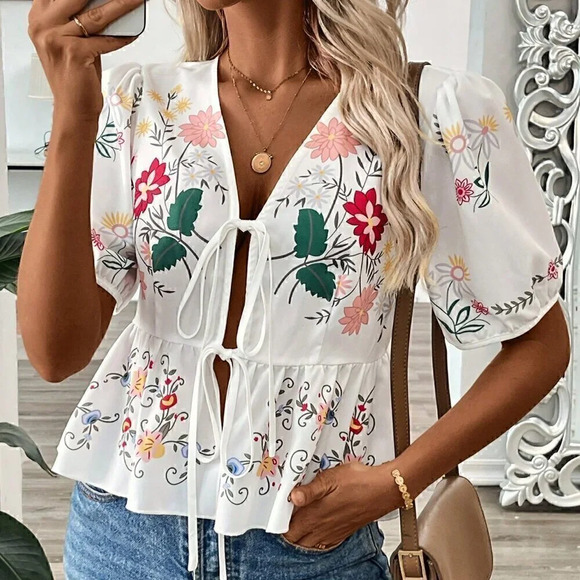 White Boho Women's Summer Printed V-Neck Tie-Front Short-Sleeve Cardigan Shirt - Picture 5 of 7